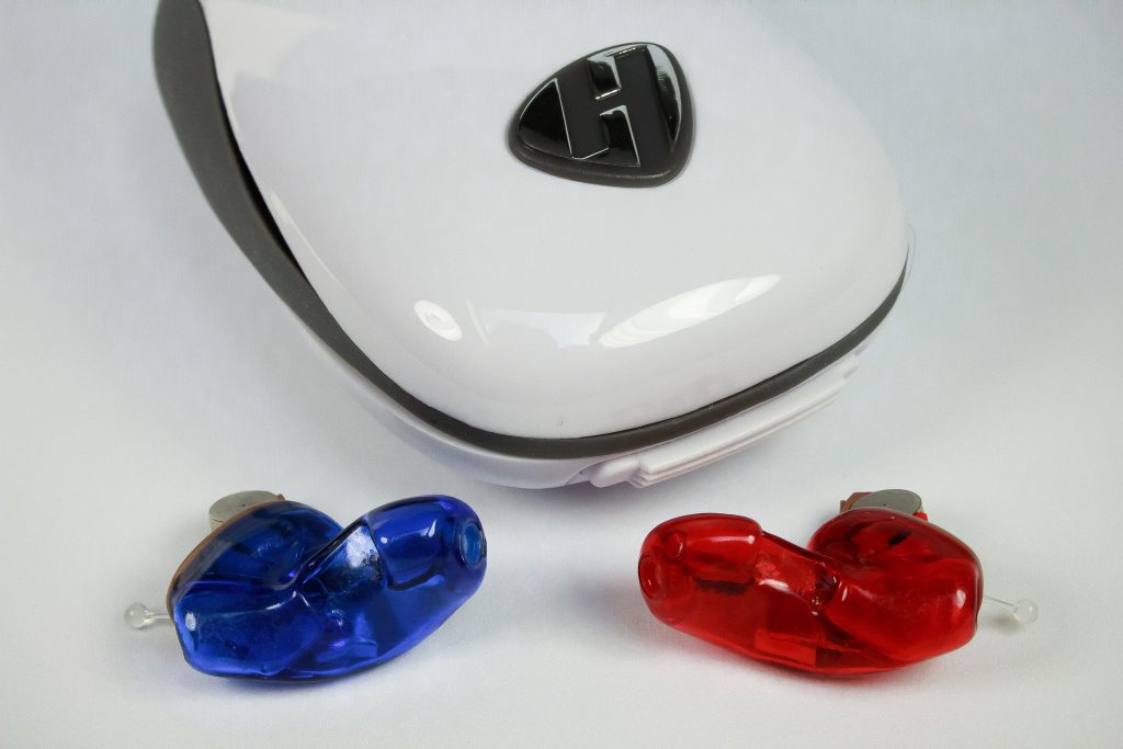 Hearing aid devices, blue and red
